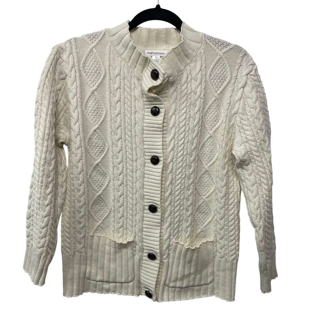 John Paul Richard Cream Cable Knit Cardigan Sweater Mock Neck Button Front Large